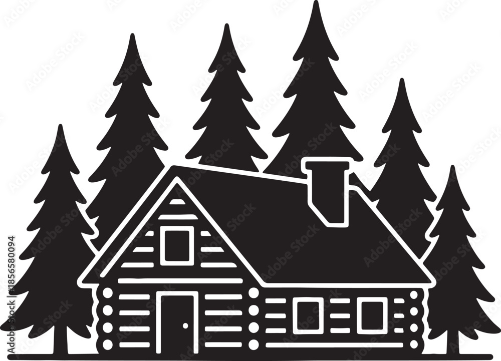 Naklejka premium A black and white of a log cabin surrounded by tall pine trees also transparent background tall trees