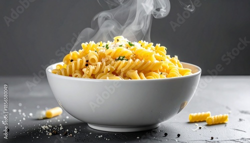 White bowl of steaming fusilli pasta garnished with chopped herbs and grated cheese on dark rustic surface.
