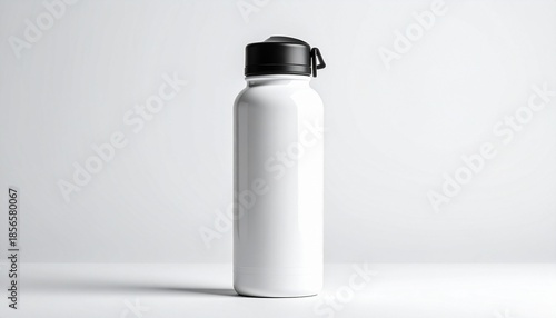 White insulated water bottle with black screw-on lid and carrying strap standing upright on plain white background.