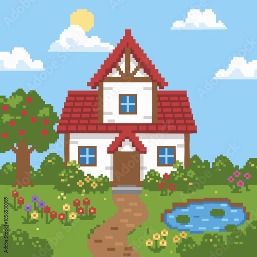 pixel art cottage garden landscape
