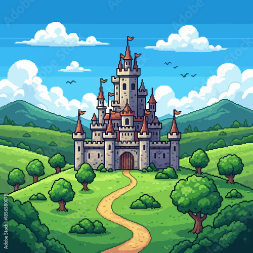 pixel art castle video game fantasy scenery