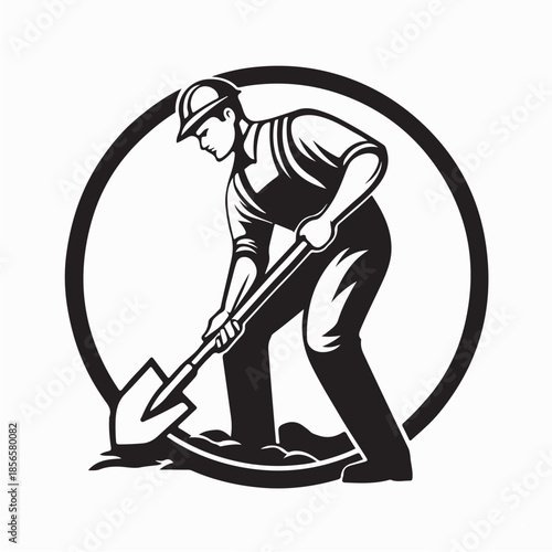 Construction Worker Digging with Shovel Vector Illustration