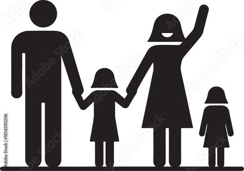 Black silhouette of a family of four holding hands with a woman raising her arm also transparent background