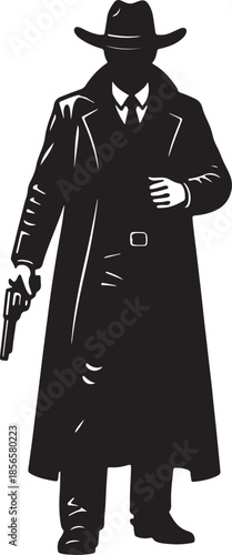 Black silhouette of a man in a long coat holding a gun with a cowboy hat also transparent background