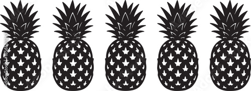 Five black and white pineapple with star patterns on a white background also transparent background fruit