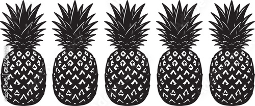 Five black and white pineapples with spiky tops and patterned bodies arranged in a row also transparent background