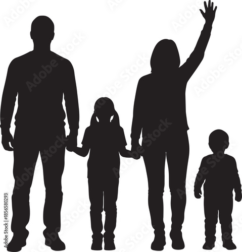 Silhouette of a Family of Five Standing Together with One Person Waving also transparent background five people