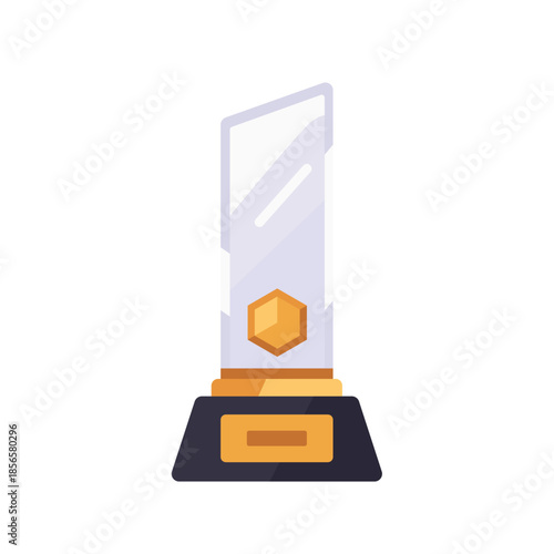 Crystal award trophy on pedestal with emblem, icon, isolated flat style vector illustration