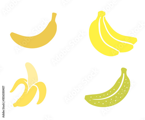 4 banana illustrations, silhouettes, transparent background
