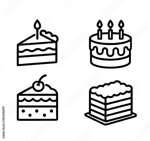 4 cake illustrations, outlines, transparent background