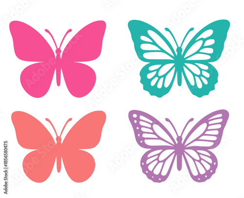 4 butterfly illustrations, silhouettes, transparent background