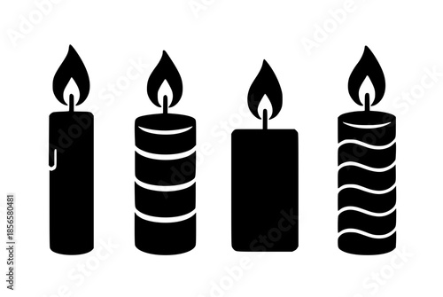 4 candle illustrations, silhouettes, transparent background