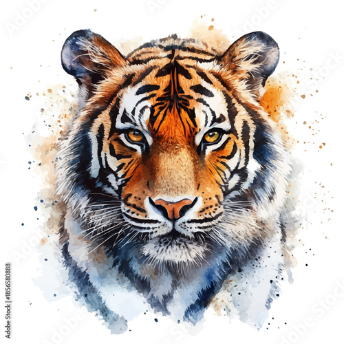 Tiger Staring Intensely, clipart watercolor vector with vivid accents and harmonious tones, isolated on a white background.