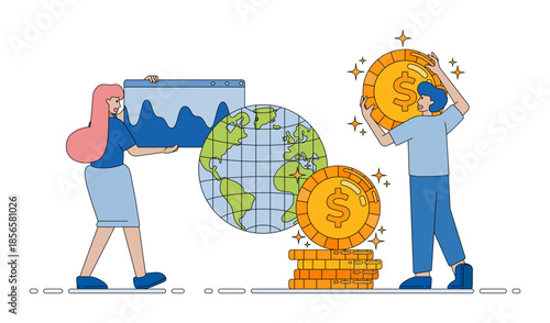 Earth and stacked coins illustrating global wealth financial growth international investment ideas and worldwide trading activity. cartoon vector illustration for flyer, banner, website, brochure, ads