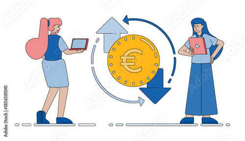 Euro currency with rising and falling arrows showing movement in the financial market trading activity and global exchange trends. cartoon vector illustration for flyer, banner, website, brochure, ads