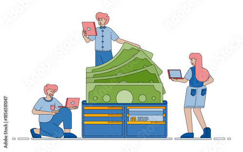 Financial and banking system visuals with wallets cash and digital bitcoin options to represent modern money storage solutions. cartoon vector illustration for flyer, banner, website, brochure, ads