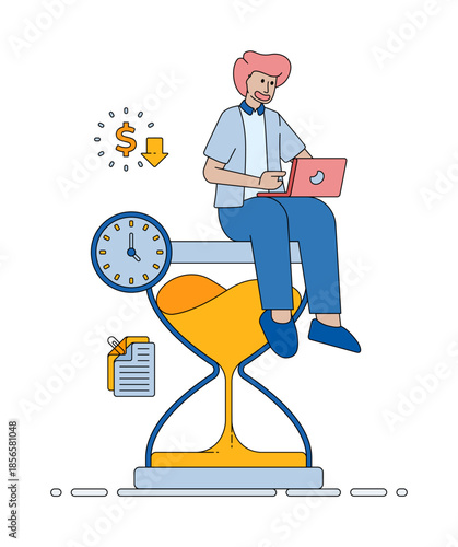 Investment timing concept illustrated with an hourglass and clock to show smart decisions and steady long term financial growth. cartoon vector illustration for flyer, banner, website, brochure, ads