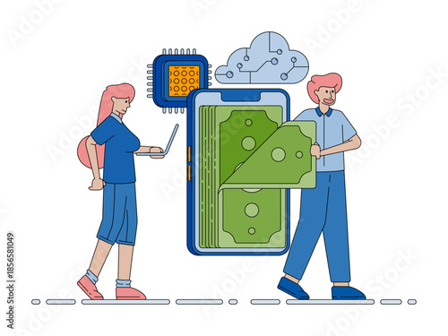 Investment and finance apps connected with artificial intelligence through cloud systems and digital chips for modern analysis. cartoon vector illustration for flyer, banner, website, brochure, ads