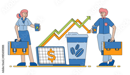 coffee economy concept showing profitable business efficiency and steady economic growth through simple visuals. cartoon vector illustration for flyer, banner, website, brochure, ads, promotion