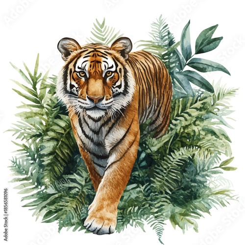 watercolor of Tiger Prowling Carefully, vector, isolated on a white background.