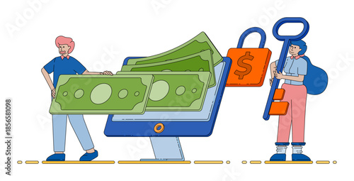 digital money storage with padlock and key illustrating secure protection and modern online financial safety systems vector cartoon. Can be used for cartoon, website, banner, brosur, flayer