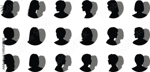 Collection of diverse human head silhouettes in circular frames with shadows representing anonymous user profiles social media avatars and community diversity