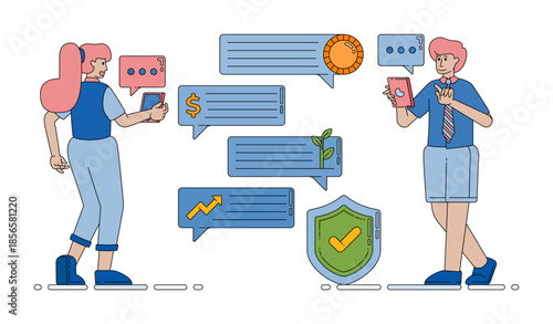 finance chat and investment advice scene with helpful transaction guidance, smart money tips, and secure digital support Vector Cartoon