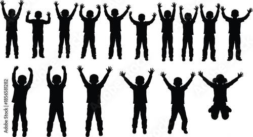 Black Silhouette Of Happy Children Group Raising Hands Up And Jumping Isolated On White Background For Celebration Success And Joyful Concept