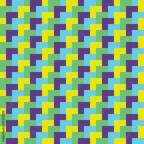 Diagonal lines of overlapping neon blue, green, yellow and purple squares 