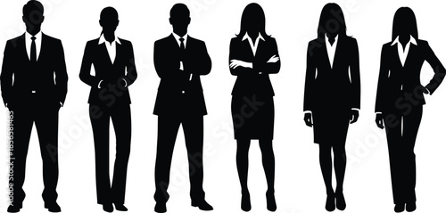 Collection of professional business person silhouettes in formal suits representing corporate leadership teamwork diversity success and a professional workforce standing together