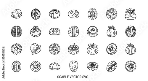 Assortment of Fresh Fruit Icons Collection Featuring Citrus Slices, Whole Fruits, and Botanical Elements on White Background