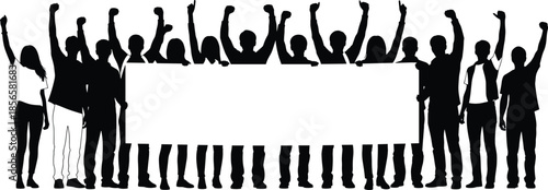 Group of people silhouette holding a blank white banner with arms raised in protest or celebration at a public rally
