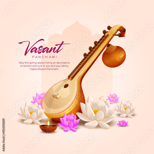 A beautiful vector artwork of Vasant Panchami featuring traditional Veena, lotus flowers, and warm festive background. Perfect for spring festival greetings, Indian cultural posters, social media post