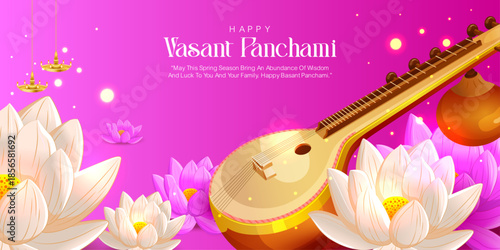 Colorful festive design with Veena and lotus flowers on a glowing pink background. Ideal for print posters, invitations, branding designs, festival greetings and digital artworks for Basant Panchami.