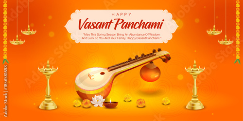 Beautiful Vasant Panchami greeting vector design featuring a traditional veena, glowing oil lamps (diya), marigold flowers and festive hanging decorations on a warm yellow–orange background.
