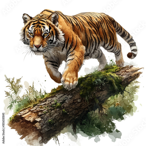 watercolor of Tiger Leaping Gracefully, isolated on a white background.