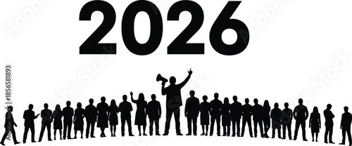 Large black 2026 text above a crowd of diverse human silhouettes with a leader holding a megaphone representing future goals