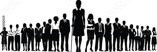 Large group of professional business people silhouettes standing together in a row with a tall female leader in the center