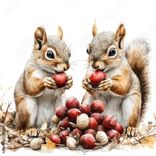 Three Squirrels Gathering, clipart watercolor vector with vivid accents and harmonious tones, isolated on a white background.