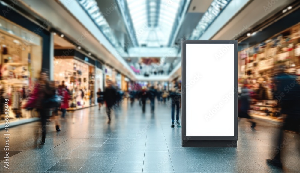 Fototapeta premium Blank Digital Billboard in Busy Modern Shopping Mall with Motion-Blurred Shoppers and Bright Retail Displays.