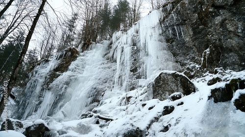 Frozen waterfall with icicles hanging down, snow-covered landscape
