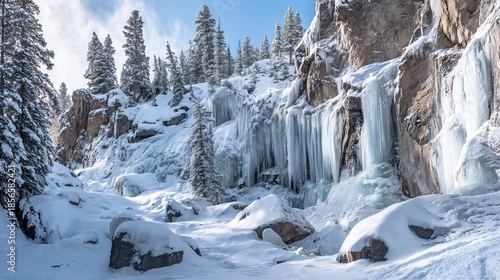 Frozen waterfall with icicles hanging down, snow-covered landscape
