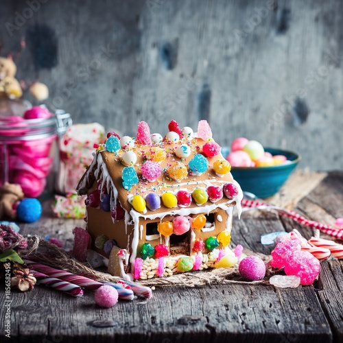 Gingerbread house decorated with colorful icing and candy
