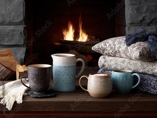 Indoor scene with a crackling fireplace, warm drink, and cozy sweaters
