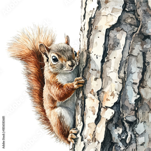 Squirrel Climbing Quickly, vector watercolor clipart with soft pastel strokes, isolated on a white background.
