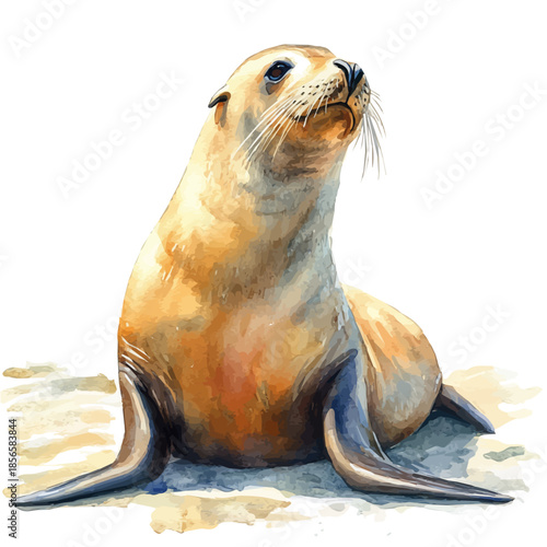 watercolor of Sea Lion Raising Flipper, isolated on a white background.