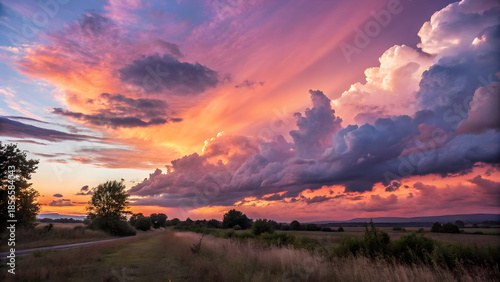 Sunset sky with colorful clouds, orange pink and purple tones, cinematic sky background