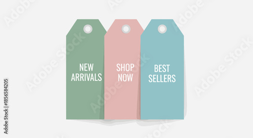 Three pastel-colored shopping tags displaying 'New Arrivals', 'Shop Now', and 'Best Sellers' on a light background.