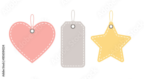 Three pastel-colored blank tags in heart, rectangular, and star shapes with dotted borders and string holes.