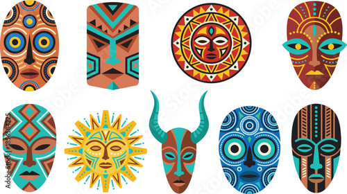 Tribal African masks illustration set, colorful ethnic ritual faces, traditional cultural symbols vector design isolated on white background art collection